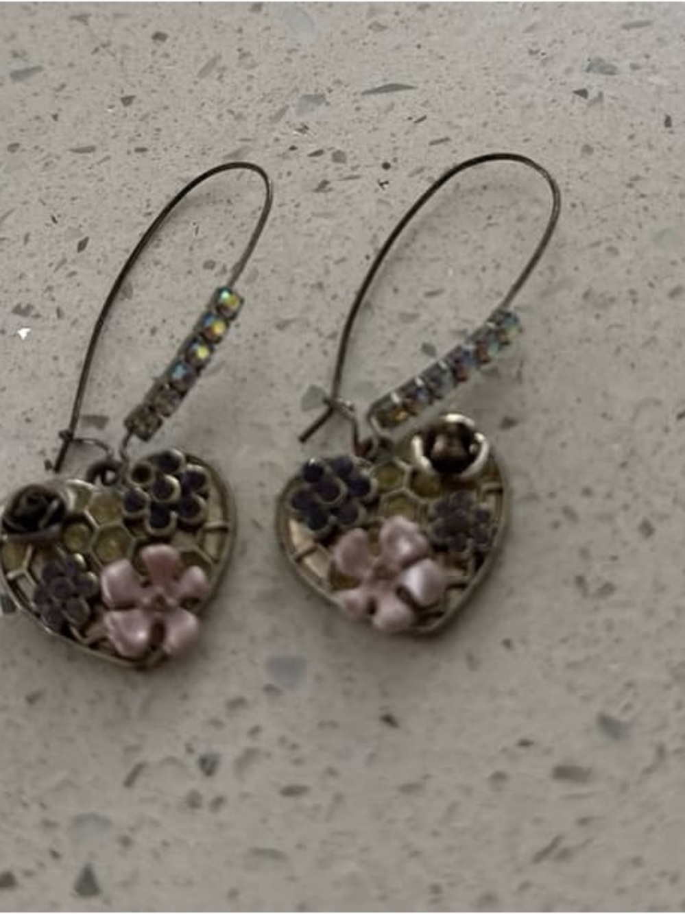 Floral Heart Drop Earrings in Pink and Silver